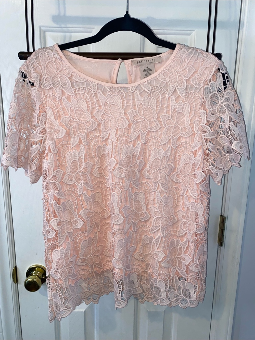 Philosophy top, lace over pink shell, sz. s, EUC